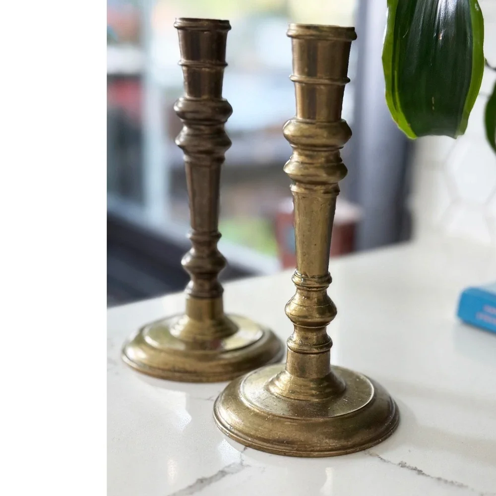 Vintage Pair Solid Brass Taper Candle Holders Spindle Style Made in Hong Kong